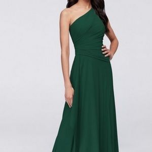 One shoulder bridesmaid dress. Everest green.
